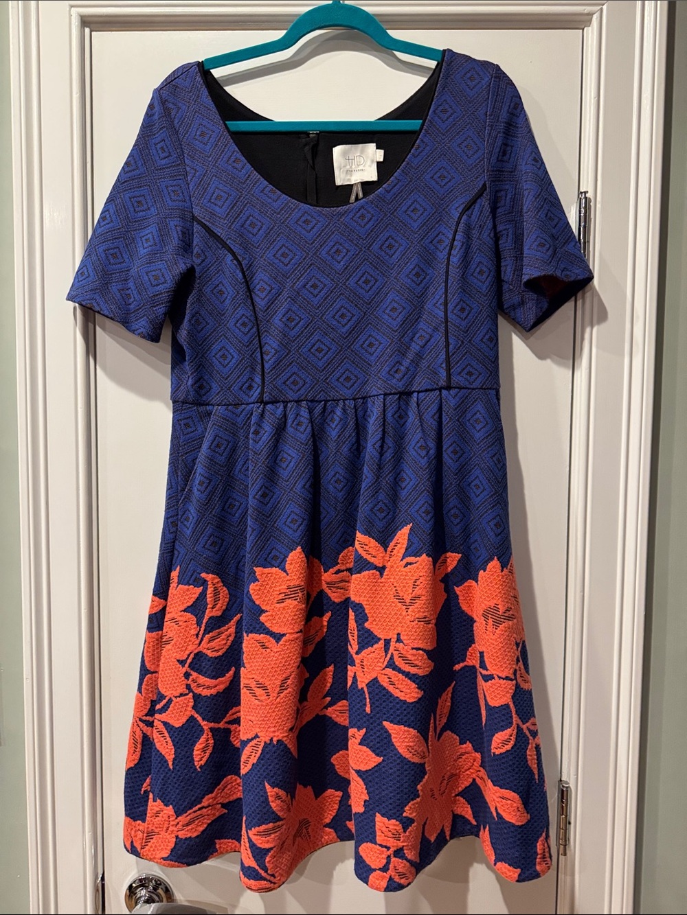 Blue Textured Floral Fit & Flare Dress with Orange Floral Border